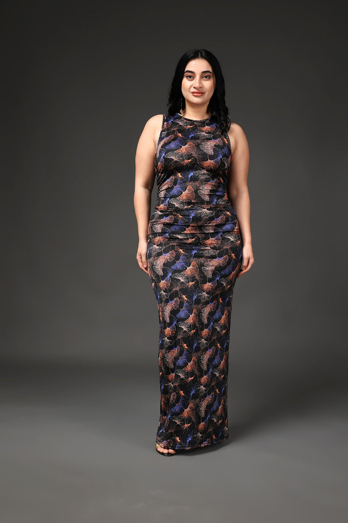 Model wearing Polyester Elastane Maxi Dress with Pattern type: Jungle-1