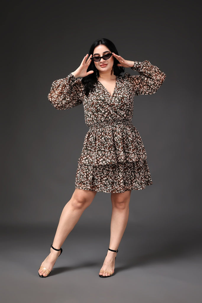 Model wearing Polyster Georgette Mini Dress with Pattern type: Leopard-6