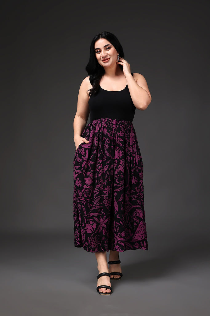 Model wearing Viscose Crepe Maxi Dress  with Pattern type: Leaf-1