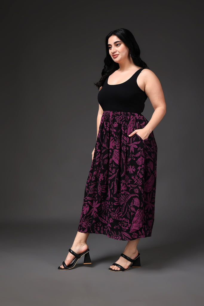 Model wearing Viscose Crepe Maxi Dress  with Pattern type: Leaf-2