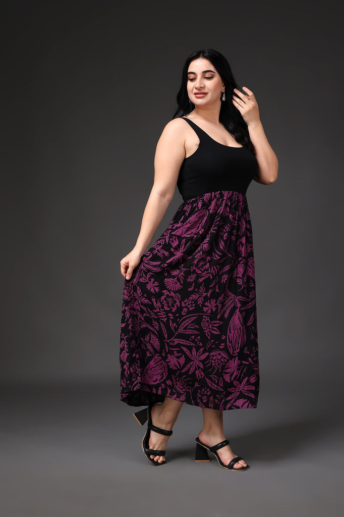 Model wearing Viscose Crepe Maxi Dress  with Pattern type: Leaf-3