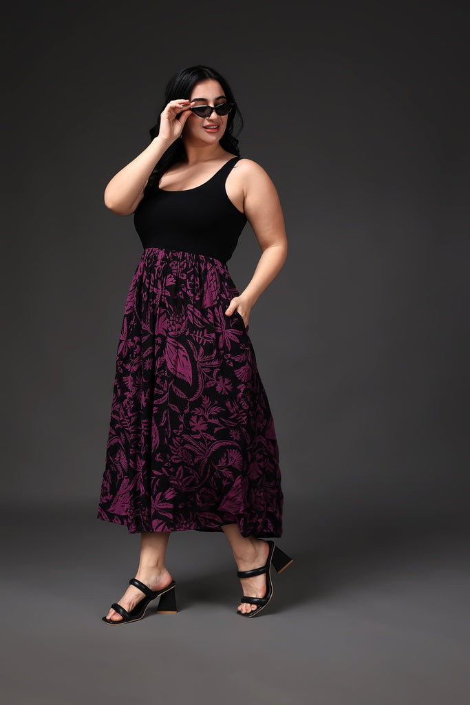 Model wearing Viscose Crepe Maxi Dress  with Pattern type: Leaf-6