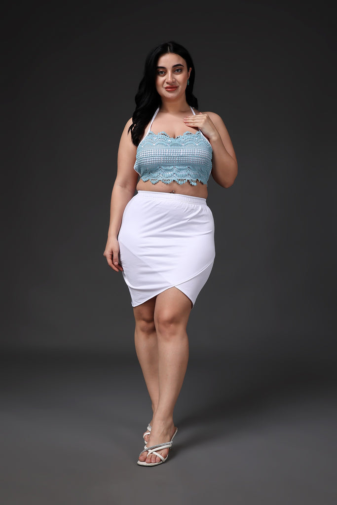 Model wearing Poly Blended Crop Top with Pattern type: Solid-1