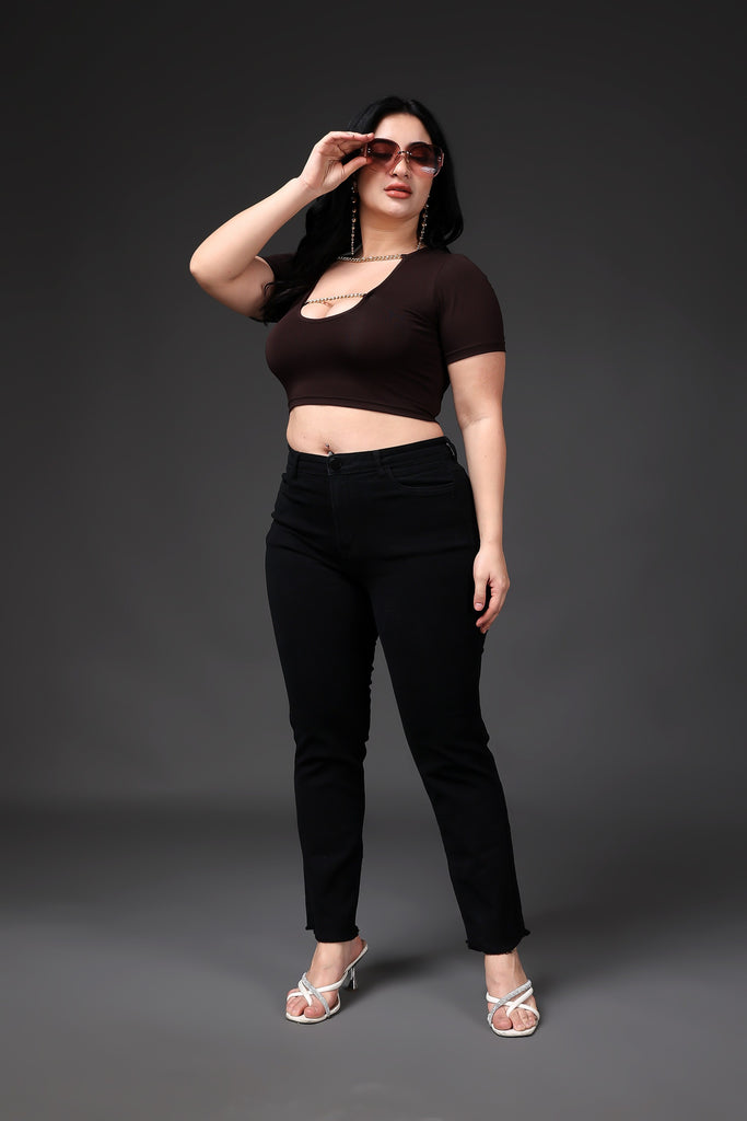 Model wearing Supima Cotton Lycra Crop Top with Pattern type: Solid-7