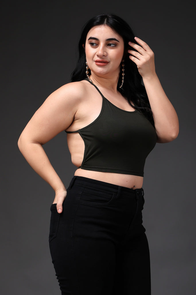 Model wearing Supima Cotton Lycra Crop Top with Pattern type: Solid -4