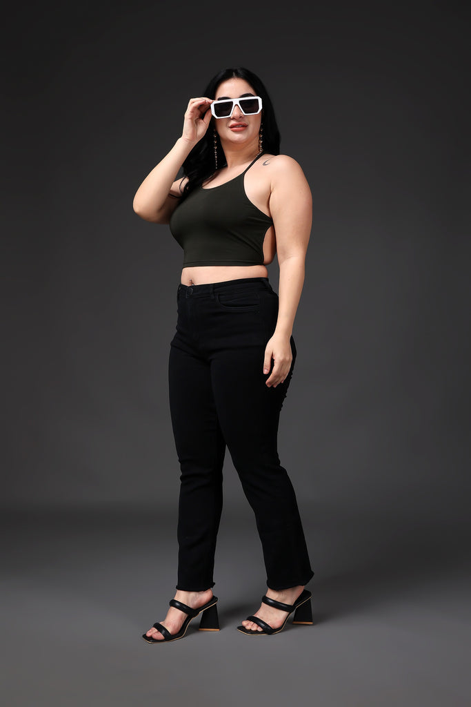 Model wearing Supima Cotton Lycra Crop Top with Pattern type: Solid -7
