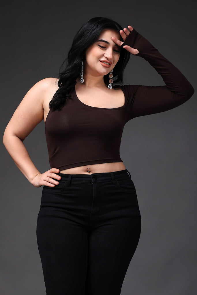 Model wearing Supima Cotton Lycra Crop Top with Pattern type: Solid-2