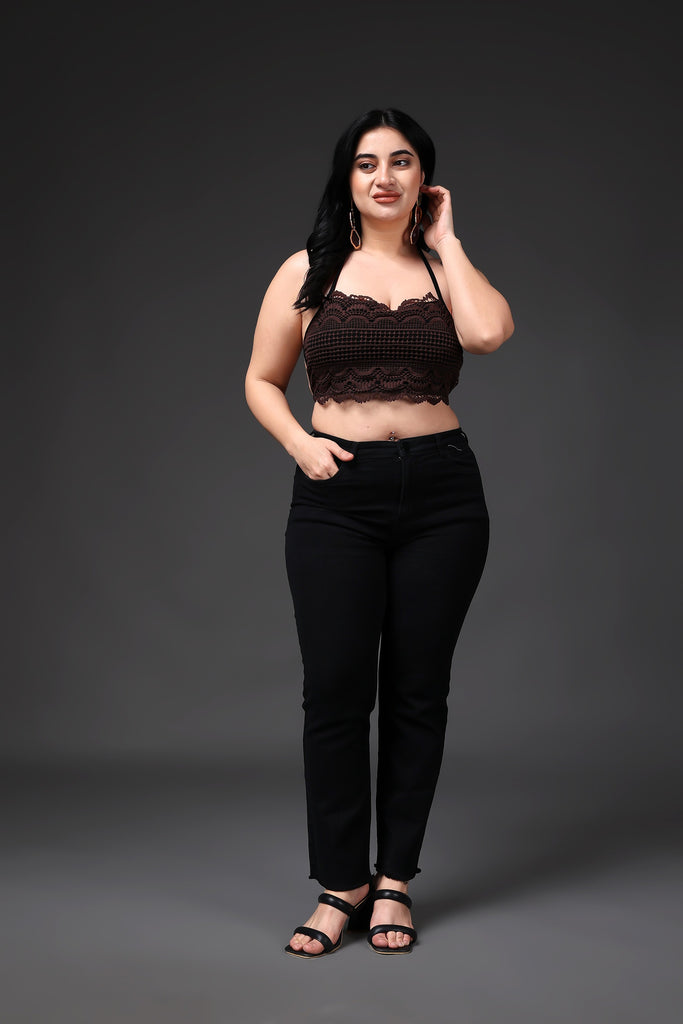 Model wearing Poly Blended Crop Top with Pattern type: Solid-14