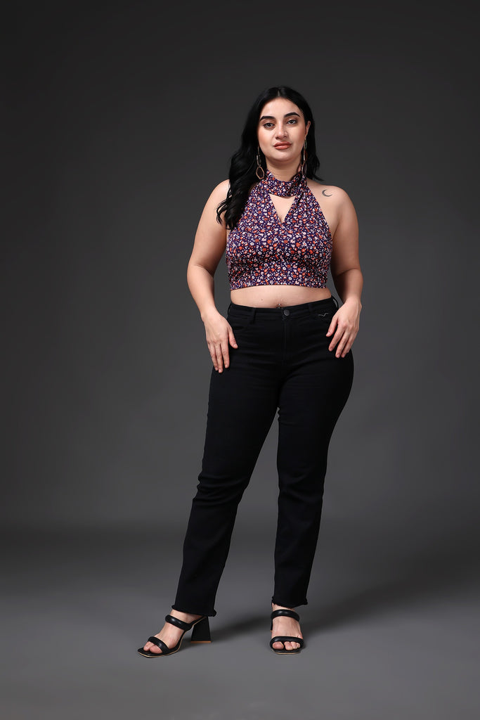 Model wearing Poly Lycra Crop Top with Pattern type: Floral -1