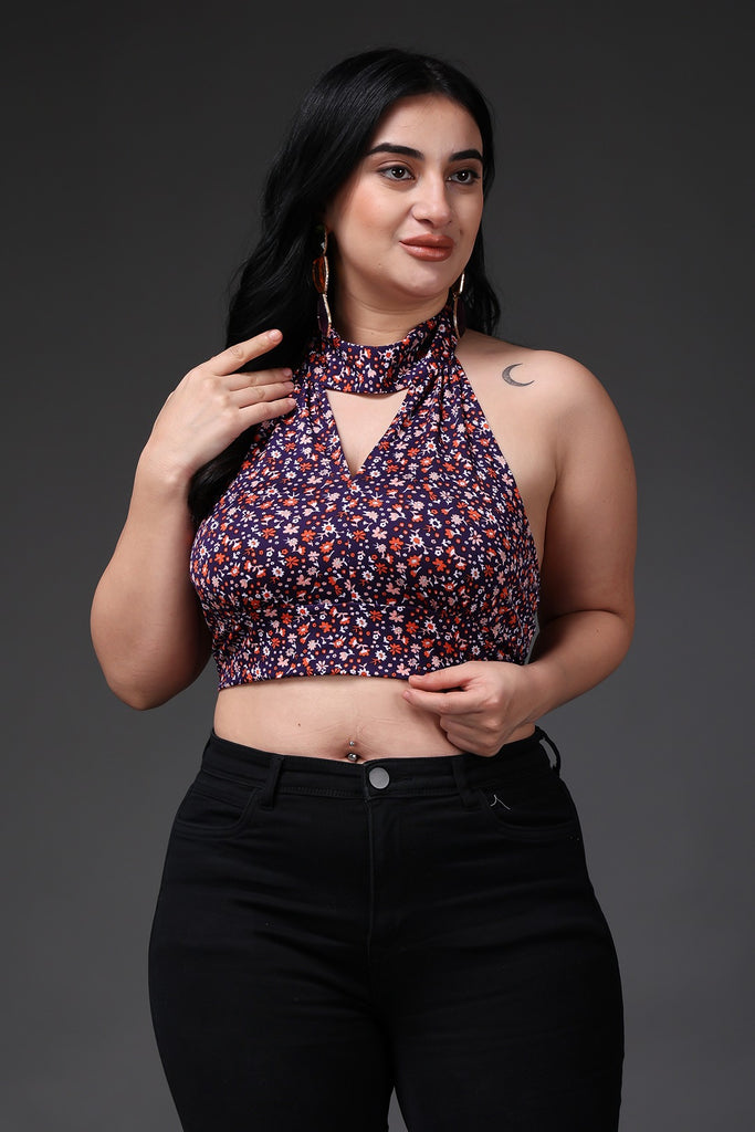 Model wearing Poly Lycra Crop Top with Pattern type: Floral -2