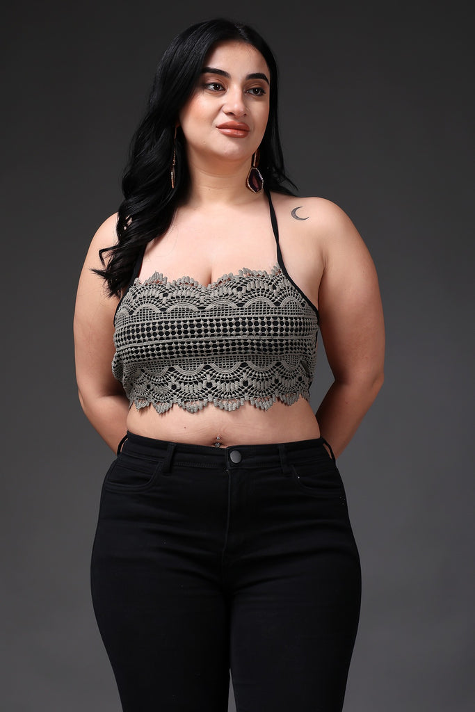 Model wearing Poly Blended Crop Top with Pattern type: Solid-22