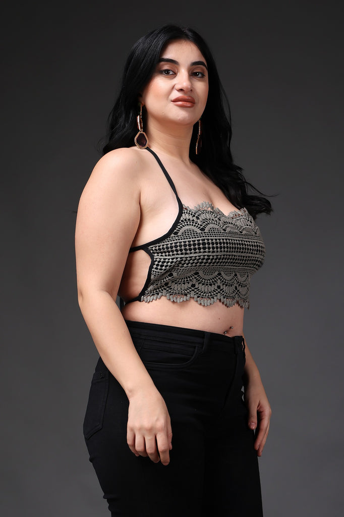 Model wearing Poly Blended Crop Top with Pattern type: Solid-24