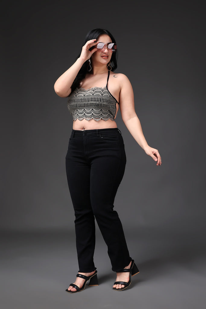 Model wearing Poly Blended Crop Top with Pattern type: Solid-27