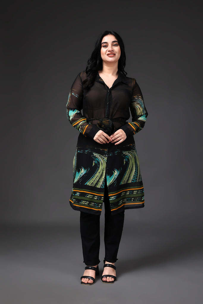 Model wearing Polyster Chiffon Tunic with Pattern type: Solid-1