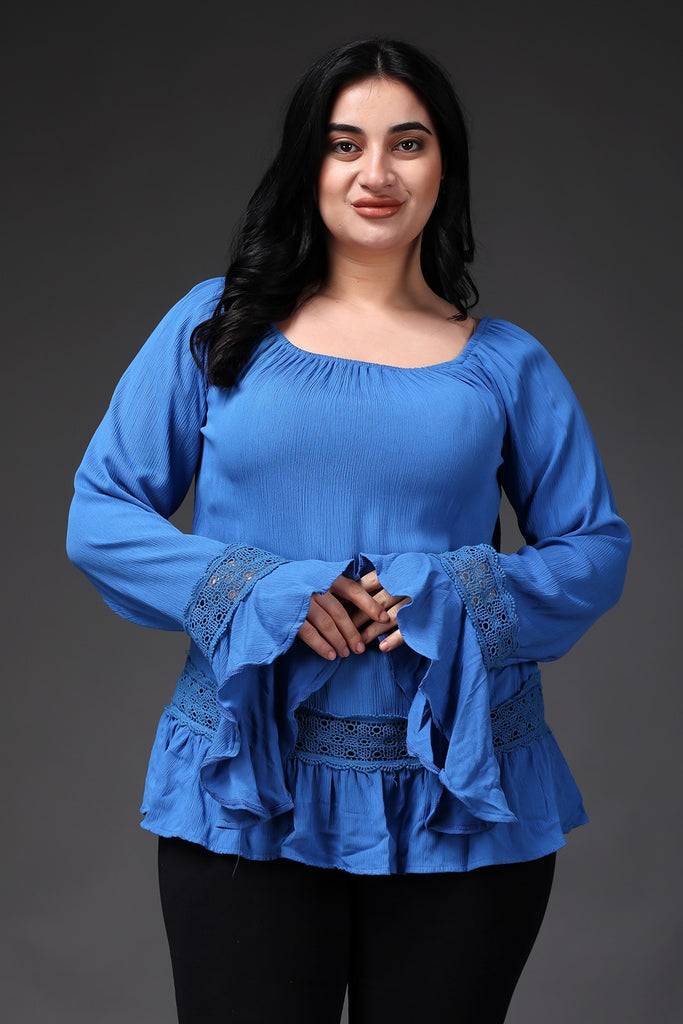 Model wearing Viscose Crepe Top with Pattern type: Solid-2