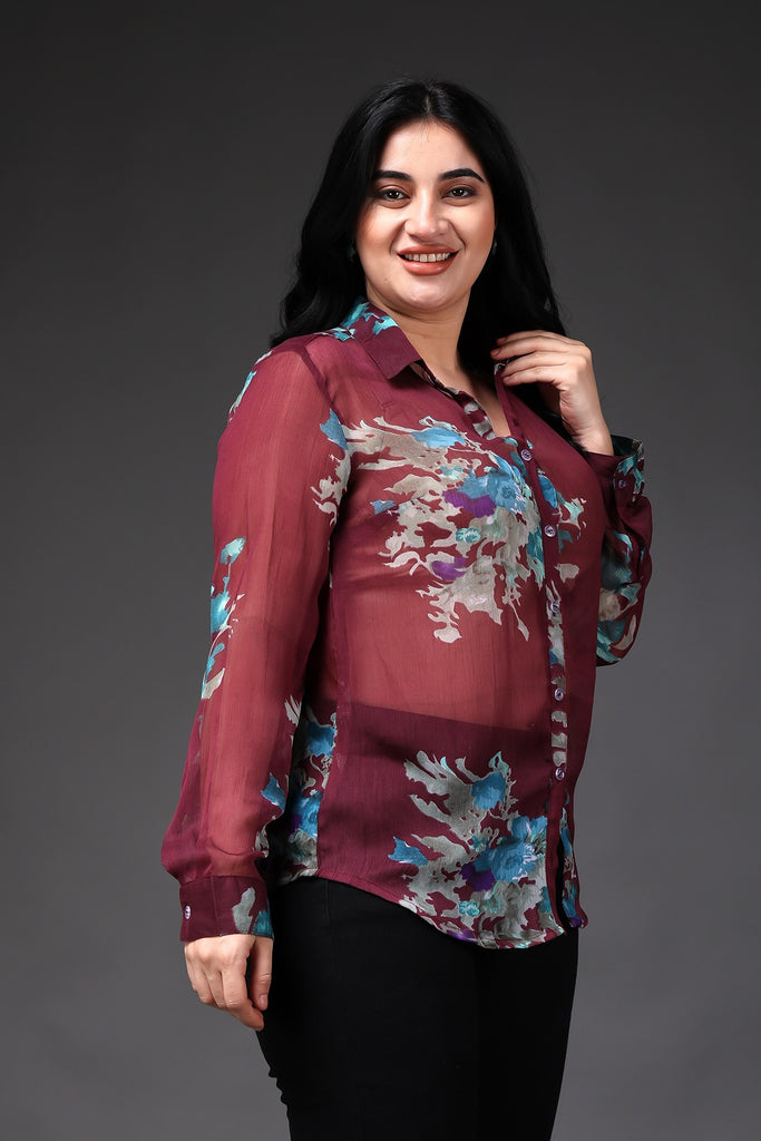 Model wearing Polyster Chiffon Shirt with Pattern type: Floral-4