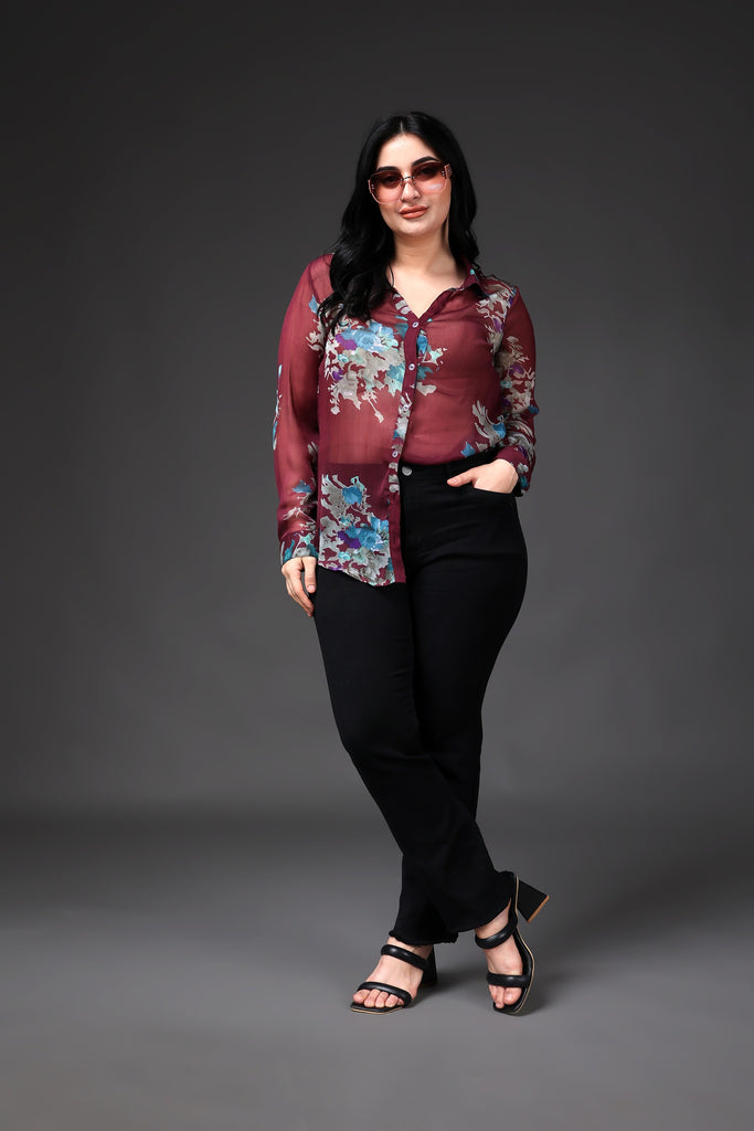 Model wearing Polyster Chiffon Shirt with Pattern type: Floral-7
