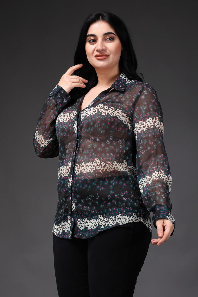 Model wearing Polyster Chiffon Shirt with Pattern type: Floral-3