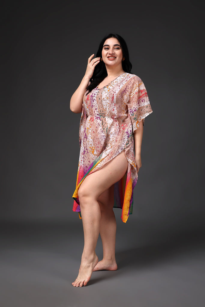 Model wearing Polyster Georgette Kaftan  with Pattern type: Rangoli-2