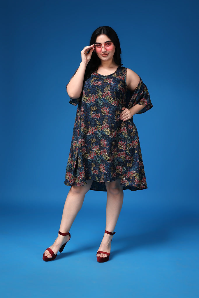 Model wearing Poly Crepe Mini Dress with Pattern type: Floral-6