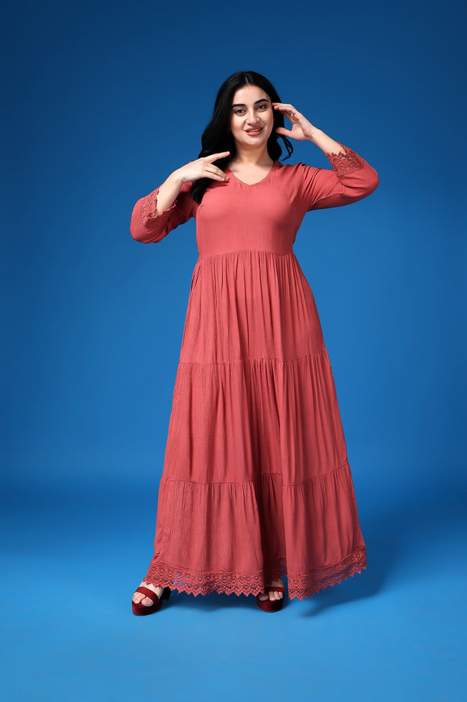 Model wearing Viscose Crepe Maxi Dress with Pattern type: Solid-1