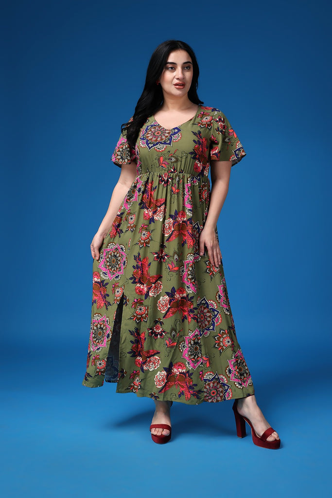 Model wearing Rayon Maxi Dress with Pattern type: Floral-1