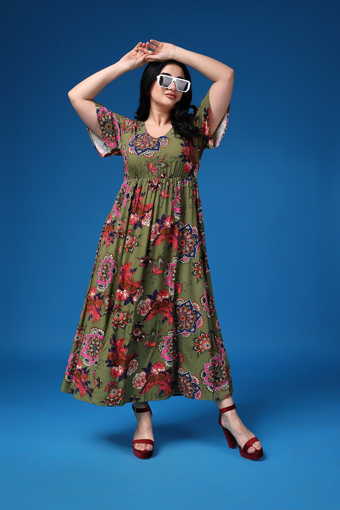 Model wearing Rayon Maxi Dress with Pattern type: Floral-6
