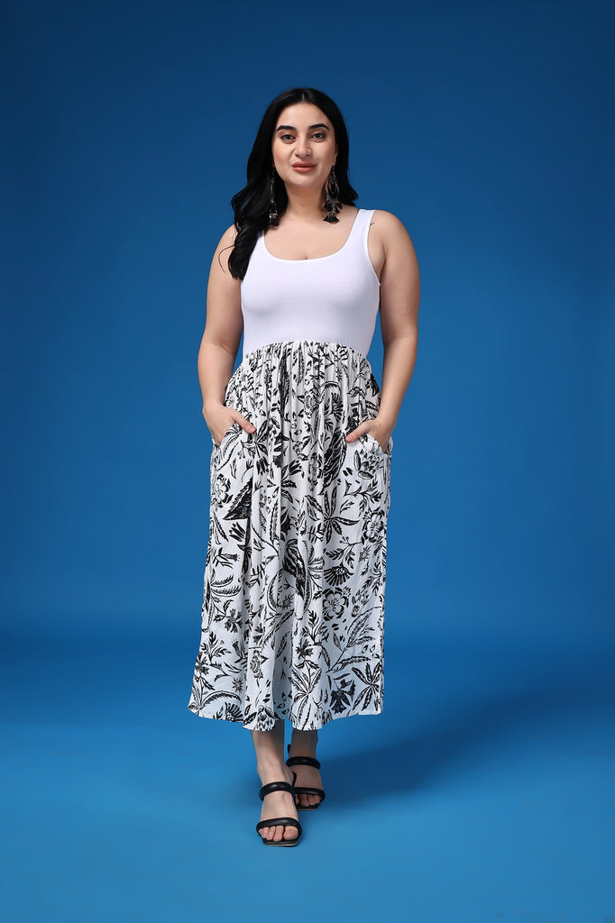 Model wearing Viscose Crepe Maxi Dress with Pattern type: Leaf -1