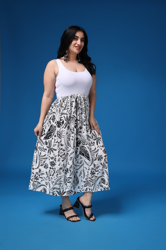 Model wearing Viscose Crepe Maxi Dress with Pattern type: Leaf -3