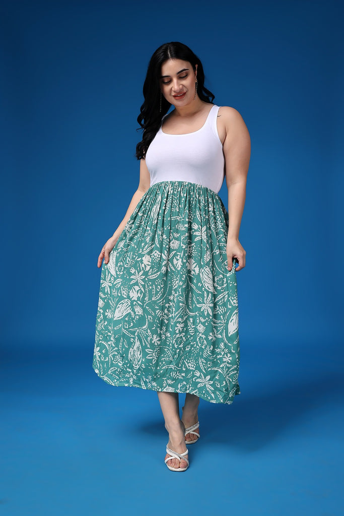 Model wearing Viscose Crepe Maxi dress with Pattern type: Leaf-1