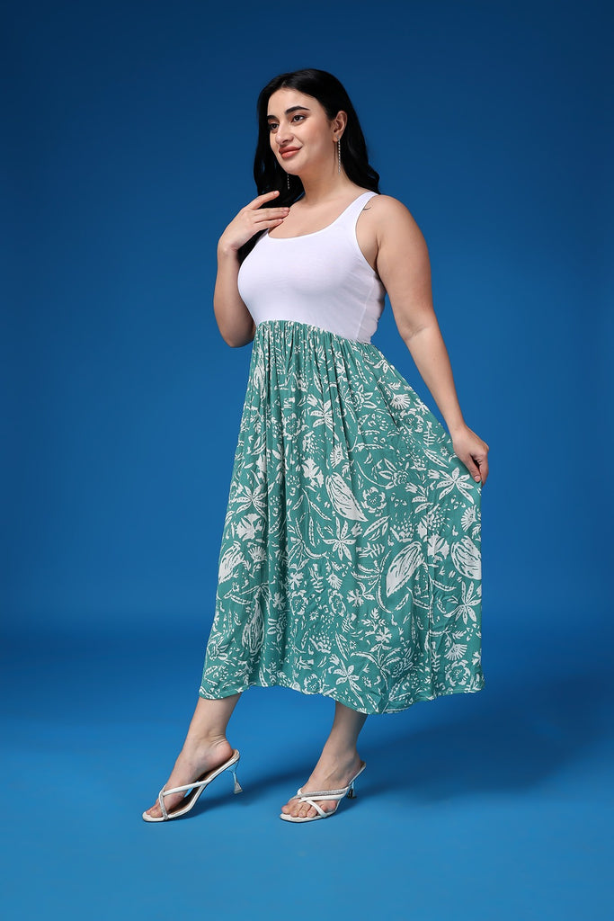 Model wearing Viscose Crepe Maxi dress with Pattern type: Leaf-2