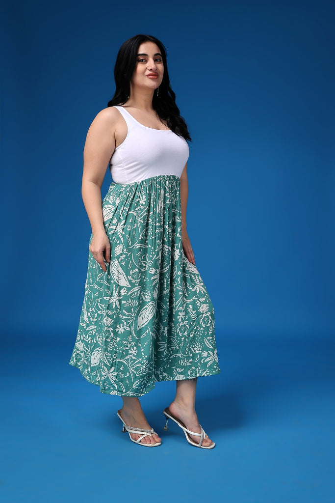 Model wearing Viscose Crepe Maxi dress with Pattern type: Leaf-3