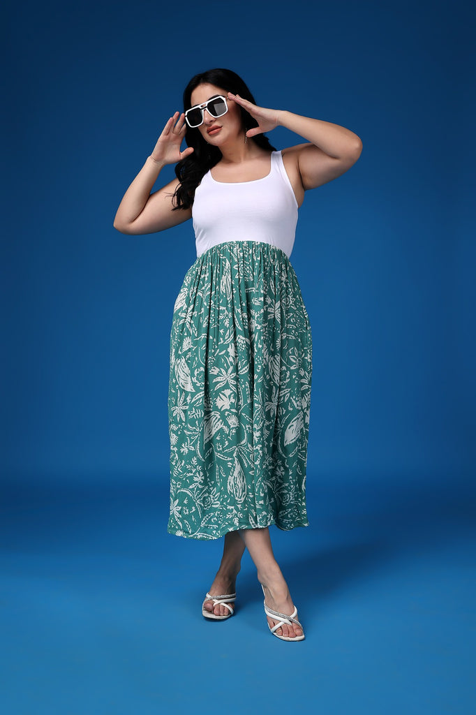 Model wearing Viscose Crepe Maxi dress with Pattern type: Leaf-6