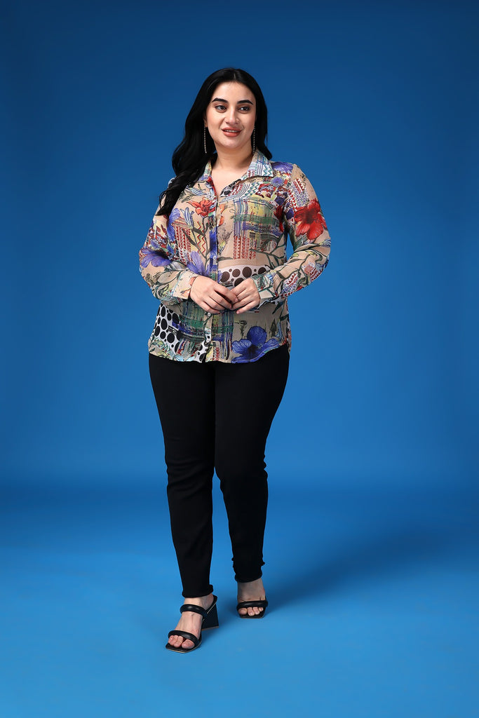 Model wearing Polyster Chiffon Shirts with Pattern type: Abstract-1