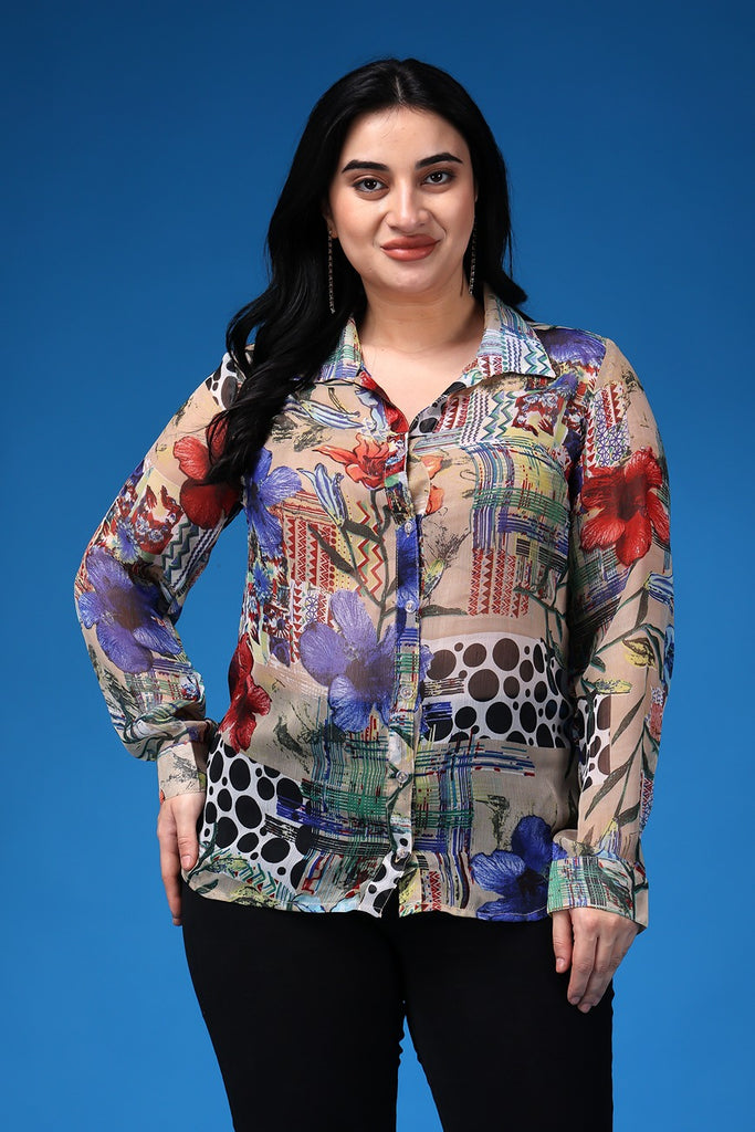Model wearing Polyster Chiffon Shirts with Pattern type: Abstract-2