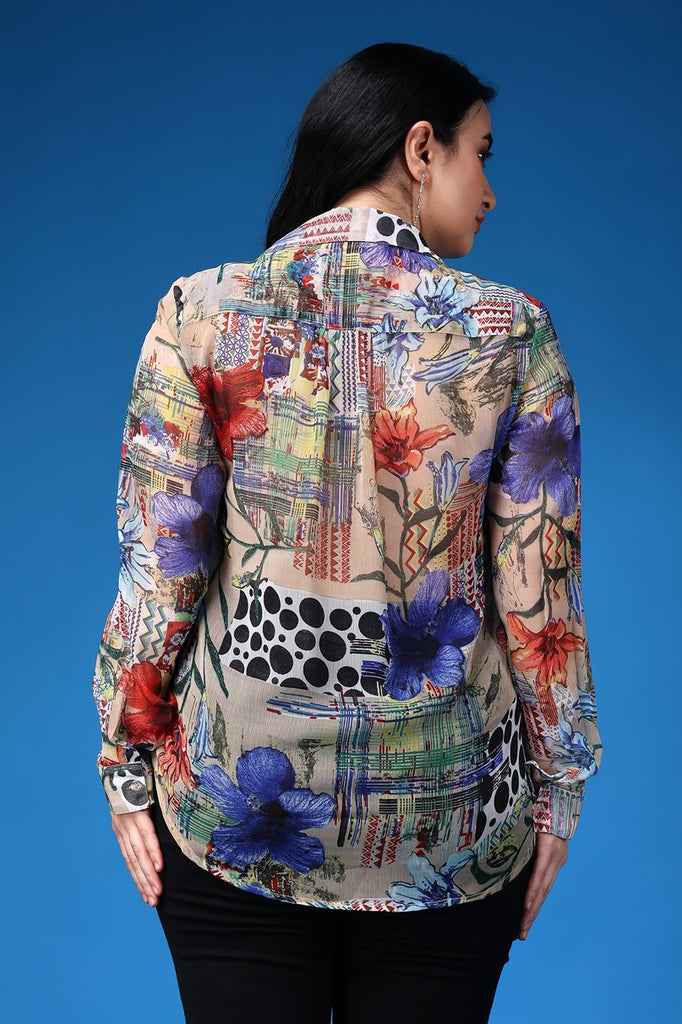 Model wearing Polyster Chiffon Shirts with Pattern type: Abstract-5
