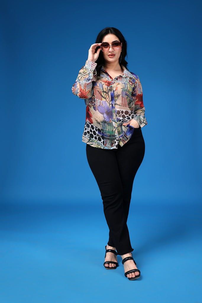 Model wearing Polyster Chiffon Shirts with Pattern type: Abstract-7