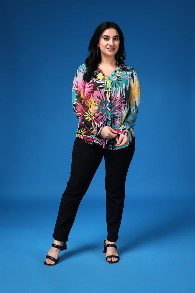 Model wearing Polyster Georgette Shirts with Pattern type: Floral-1