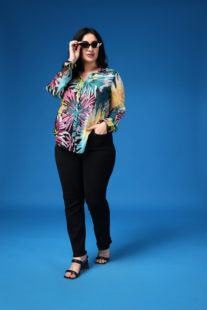 Model wearing Polyster Georgette Shirts with Pattern type: Floral-7