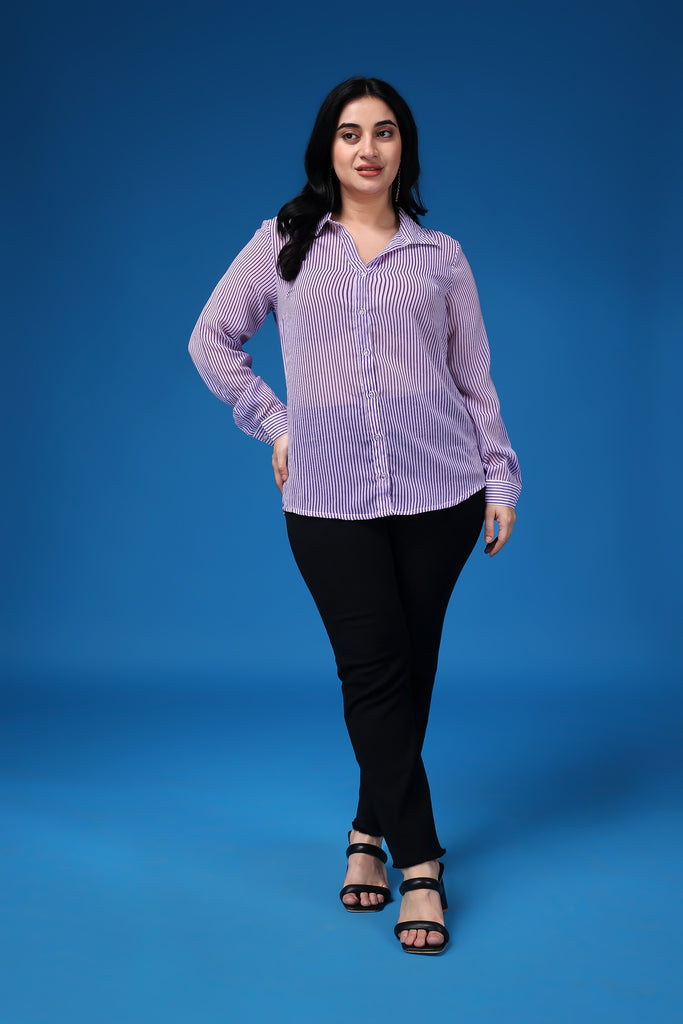 Model wearing Polyster Georgette Shirt with Pattern type: Striped-1