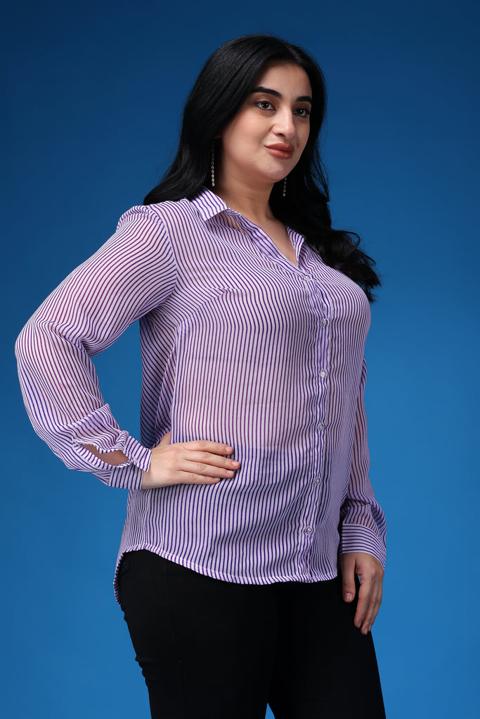 Model wearing Polyster Georgette Shirt with Pattern type: Striped-4