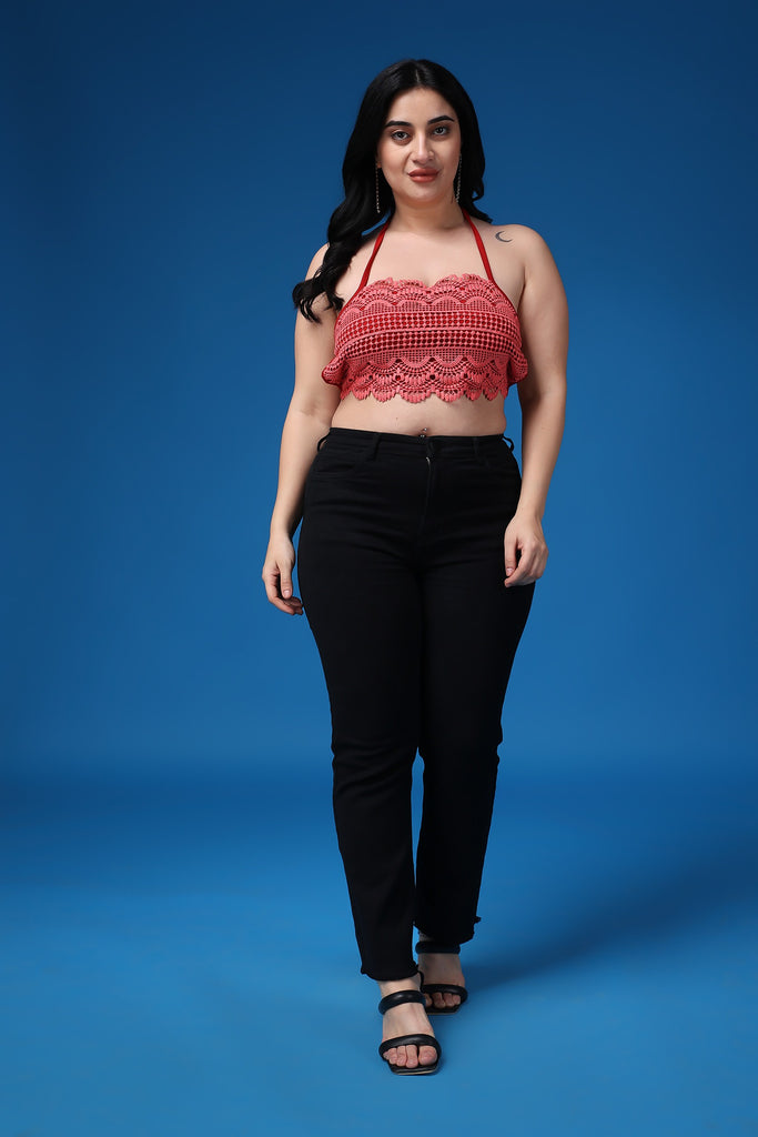 Model wearing Poly Blended Crop Top with Pattern type: Solid-35