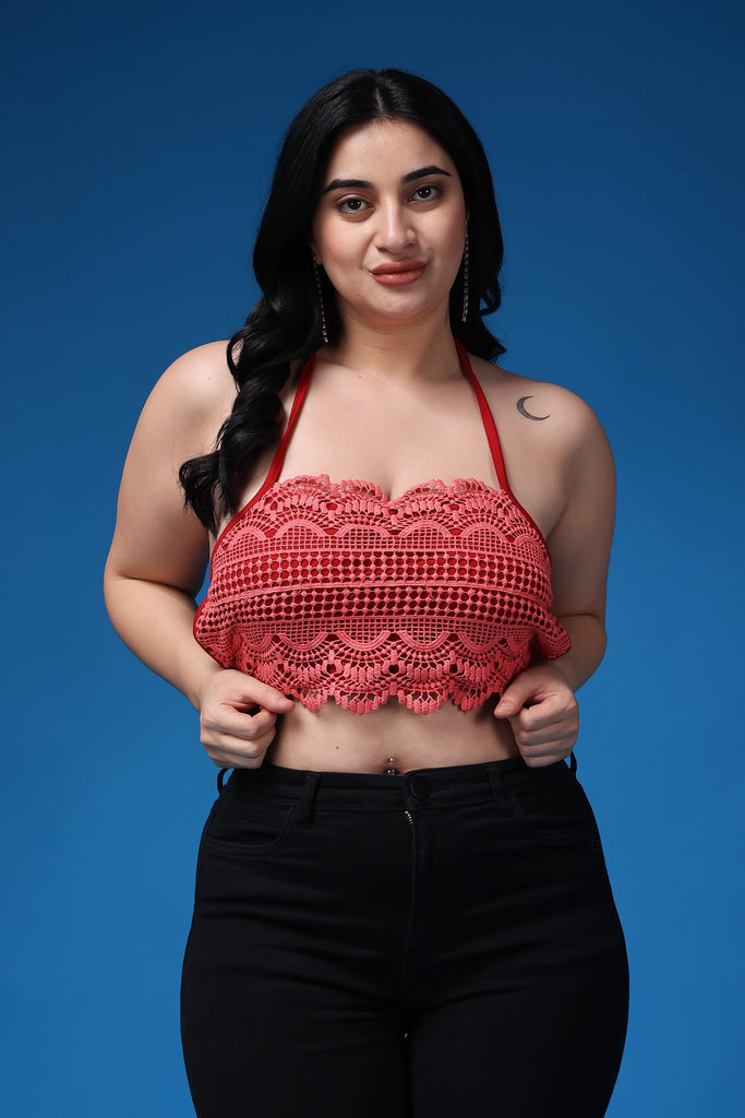 Model wearing Poly Blended Crop Top with Pattern type: Solid-36