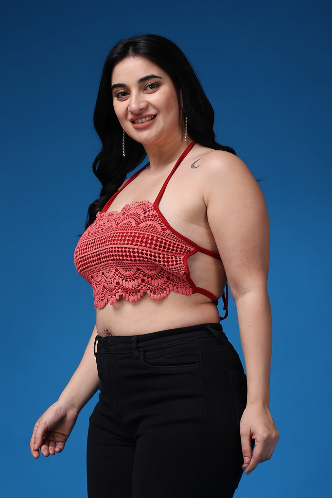 Model wearing Poly Blended Crop Top with Pattern type: Solid-37