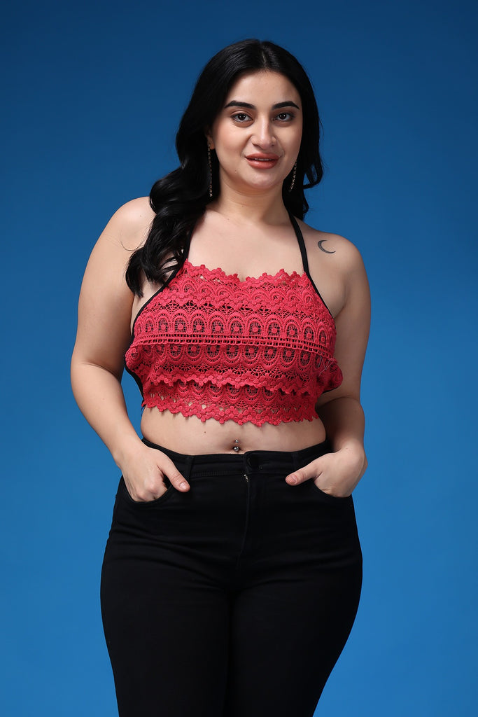 Model wearing Poly Blended Crop Top with Pattern type: Solid-43