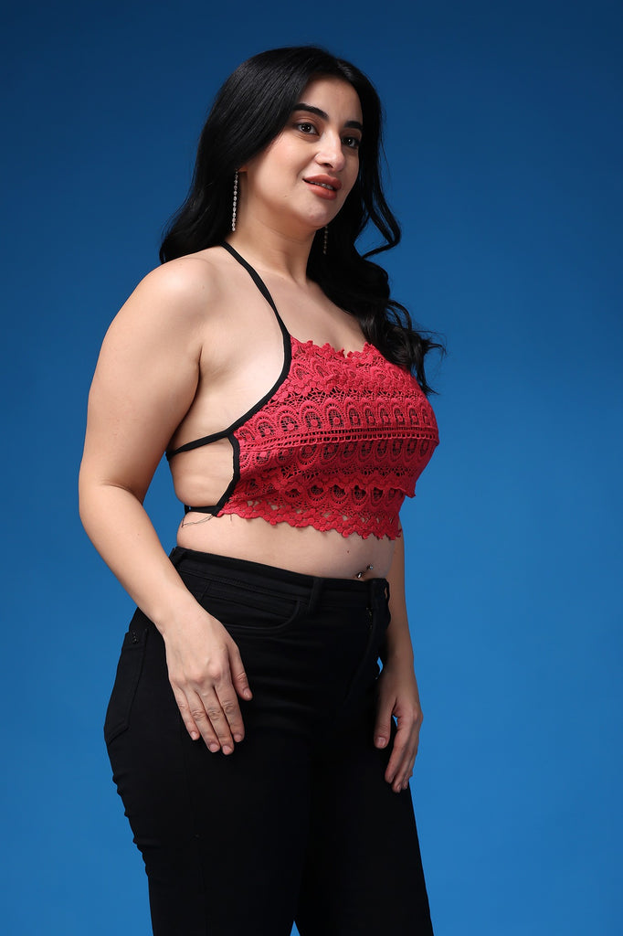 Model wearing Poly Blended Crop Top with Pattern type: Solid-45