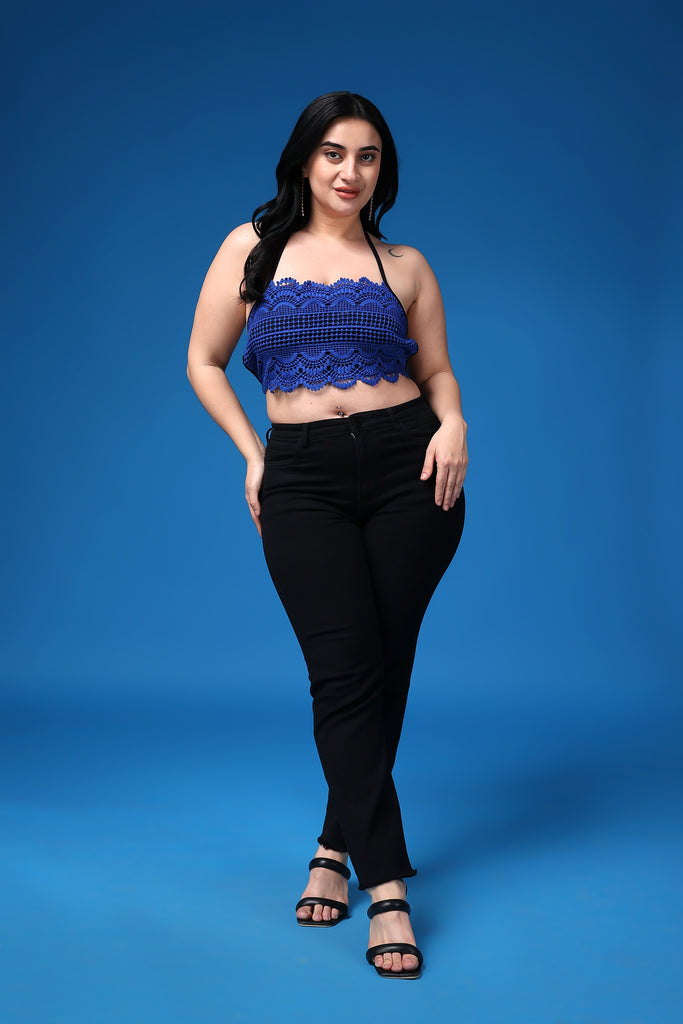 Model wearing Poly Blended Crop Top with Pattern type: Solid-49