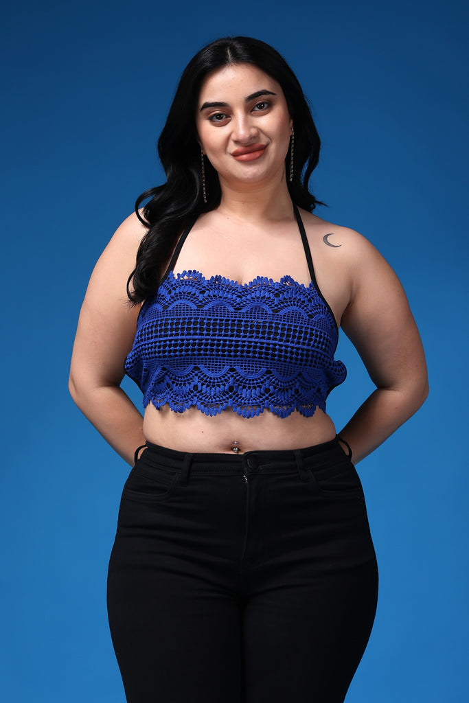 Model wearing Poly Blended Crop Top with Pattern type: Solid-50
