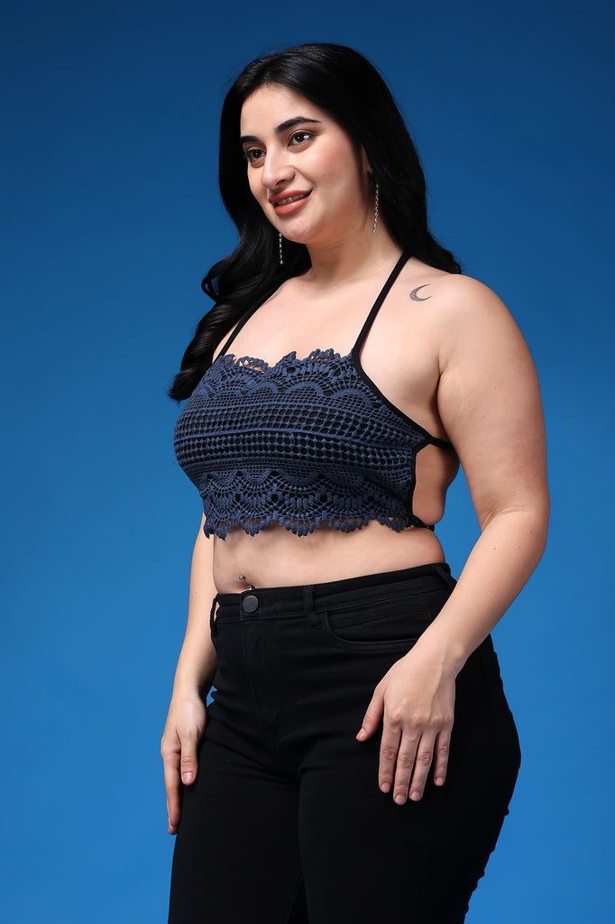 Model wearing Poly Blended Crop Top with Pattern type: Solid-58