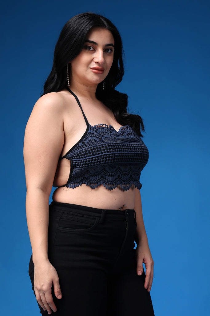Model wearing Poly Blended Crop Top with Pattern type: Solid-59